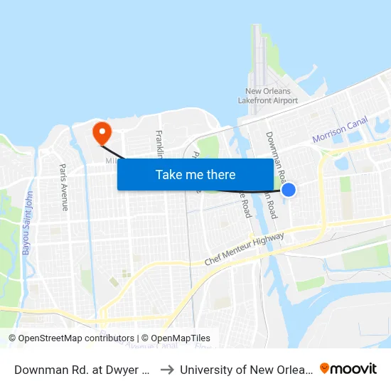 Downman Rd. at Dwyer Rd. to University of New Orleans map