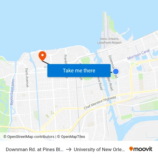 Downman Rd. at Pines Blvd. to University of New Orleans map