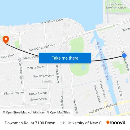 Downman Rd. at 7100 Downman Rd. to University of New Orleans map