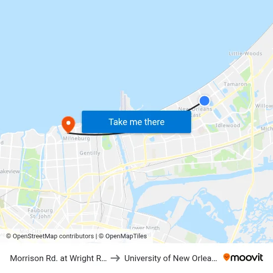 Morrison Rd. at Wright Rd. to University of New Orleans map