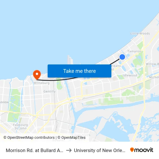 Morrison Rd. at Bullard Ave. to University of New Orleans map