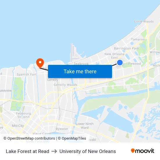 Lake Forest at Read to University of New Orleans map