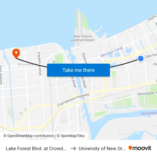 Lake Forest Blvd. at Crowder Blvd. to University of New Orleans map