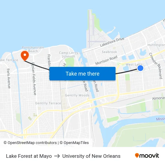 Lake Forest at Mayo to University of New Orleans map