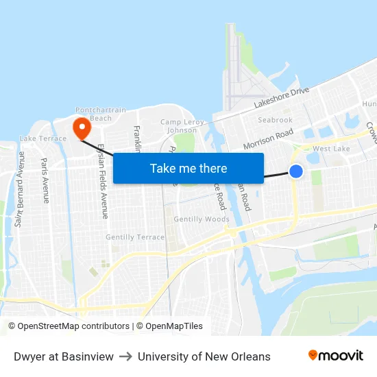 Dwyer at Basinview to University of New Orleans map