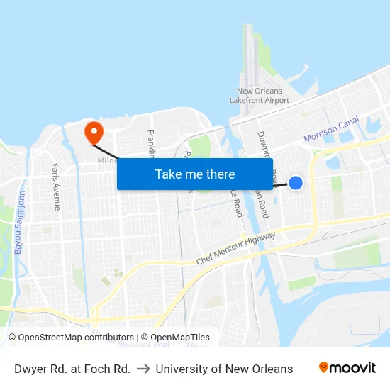 Dwyer Rd. at Foch Rd. to University of New Orleans map