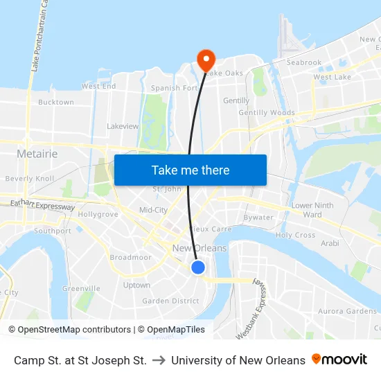 Camp St. at St Joseph St. to University of New Orleans map