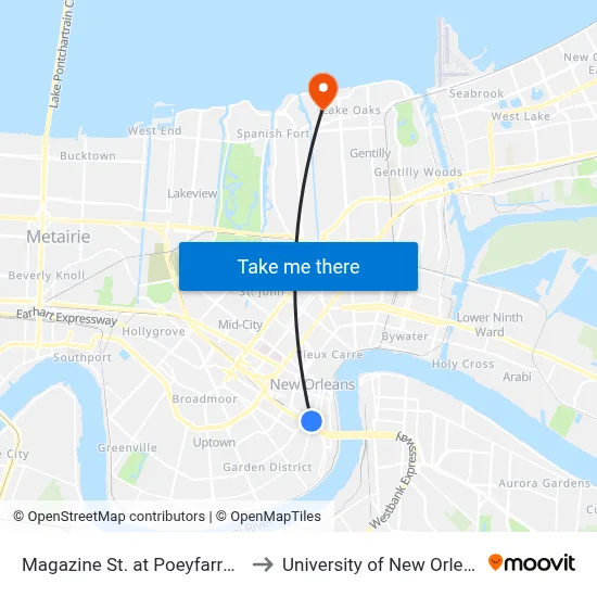 Magazine St. at Poeyfarre St. to University of New Orleans map