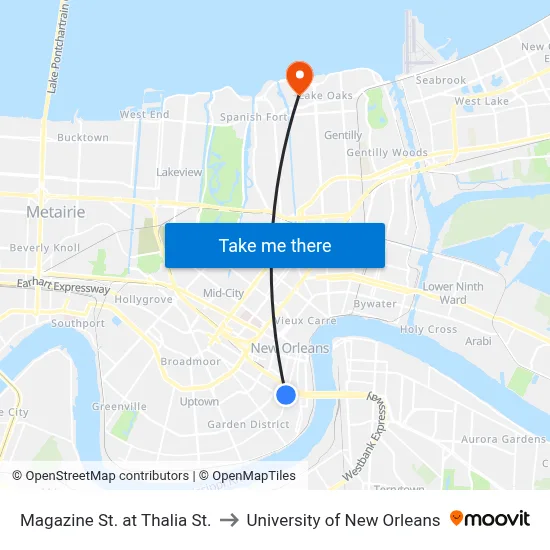 Magazine St. at Thalia St. to University of New Orleans map