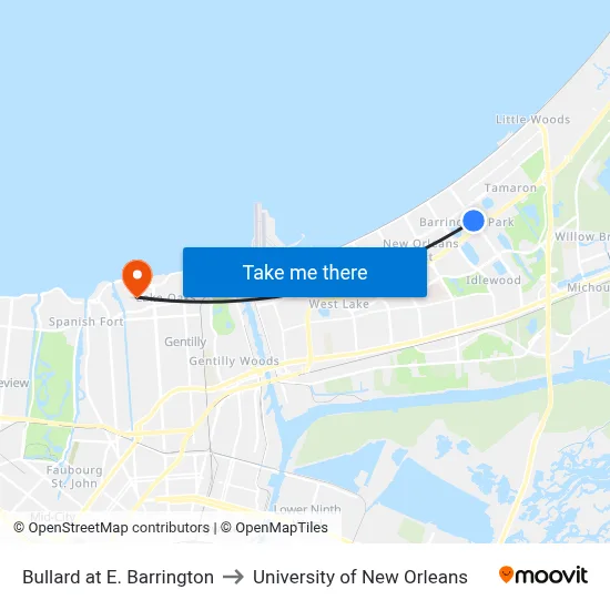 Bullard at E. Barrington to University of New Orleans map