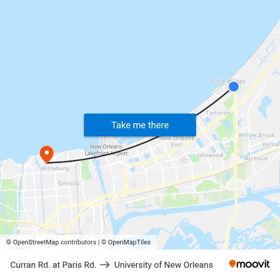 Curran Rd. at Paris Rd. to University of New Orleans map