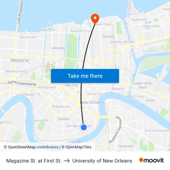 Magazine St. at First St. to University of New Orleans map
