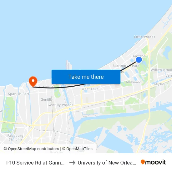 I-10 Service Rd at Gannon to University of New Orleans map