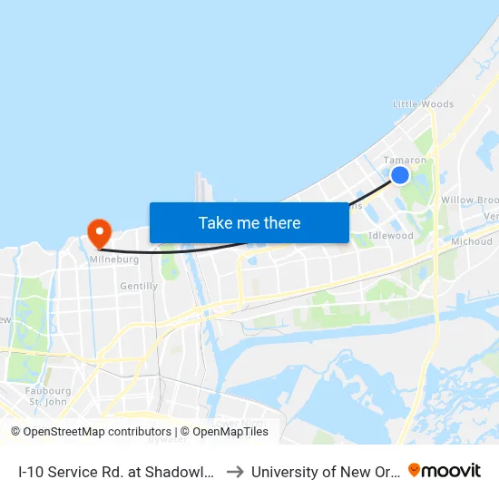 I-10 Service Rd. at Shadowlawn Dr. to University of New Orleans map