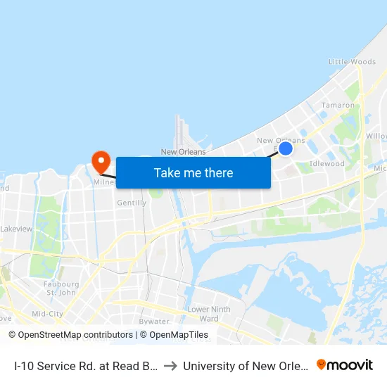 I-10 Service Rd. at Read Blvd. to University of New Orleans map
