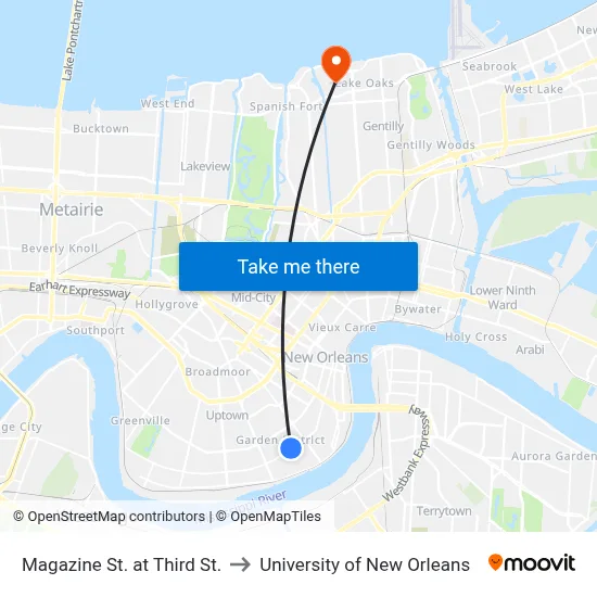 Magazine St. at Third St. to University of New Orleans map