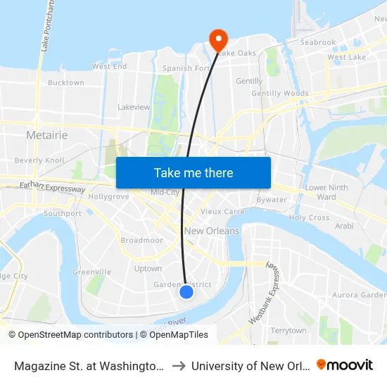 Magazine St. at Washington Ave. to University of New Orleans map