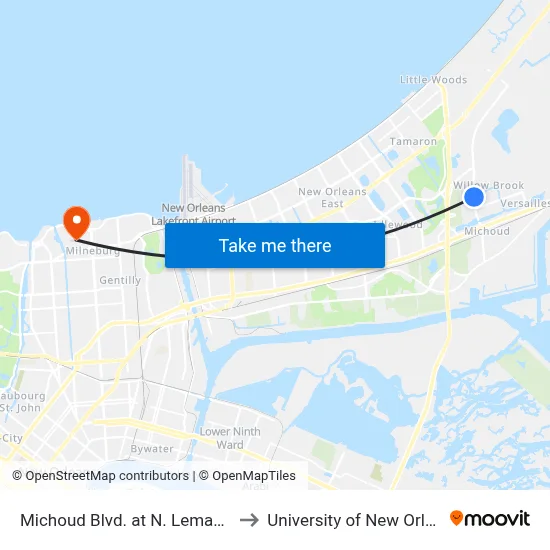 Michoud Blvd. at N. Lemans St. to University of New Orleans map