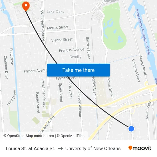 Louisa St. at Acacia St. to University of New Orleans map
