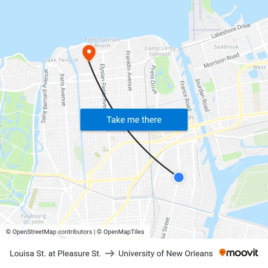 Louisa St. at Pleasure St. to University of New Orleans map