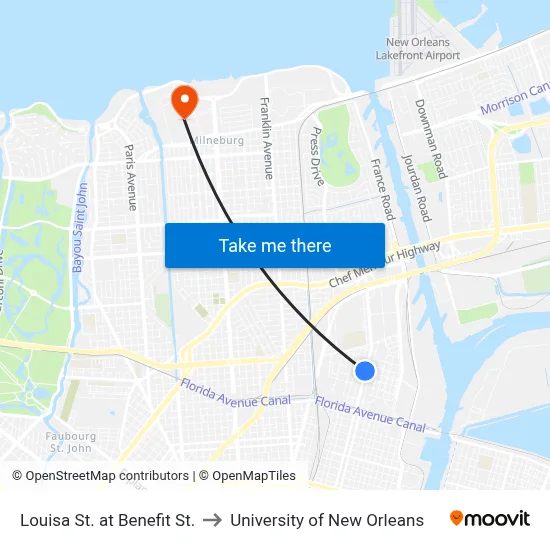 Louisa St. at Benefit St. to University of New Orleans map