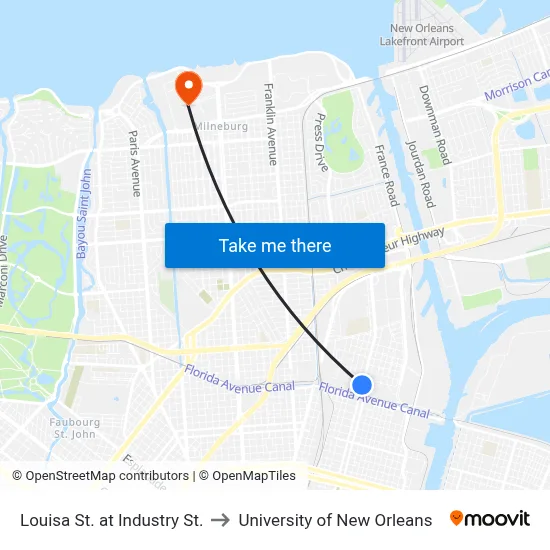 Louisa St. at Industry St. to University of New Orleans map
