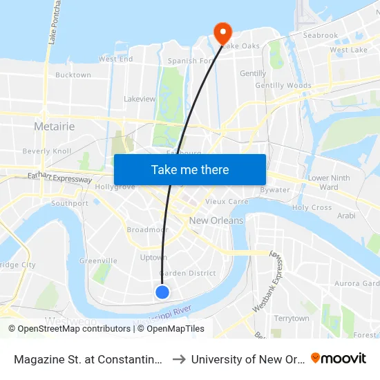 Magazine St. at Constantinople St. to University of New Orleans map