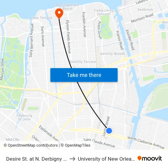 Desire St. at N. Derbigny St. to University of New Orleans map