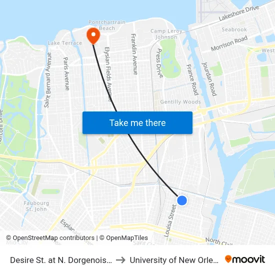 Desire St. at N. Dorgenois St. to University of New Orleans map