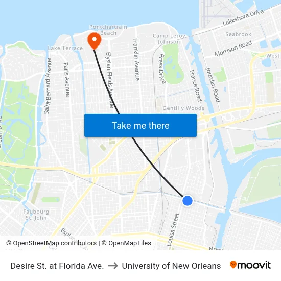 Desire St. at Florida Ave. to University of New Orleans map