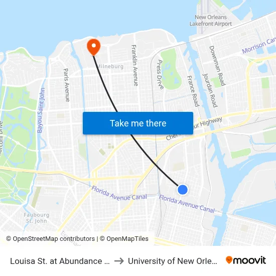 Louisa St. at Abundance St. to University of New Orleans map