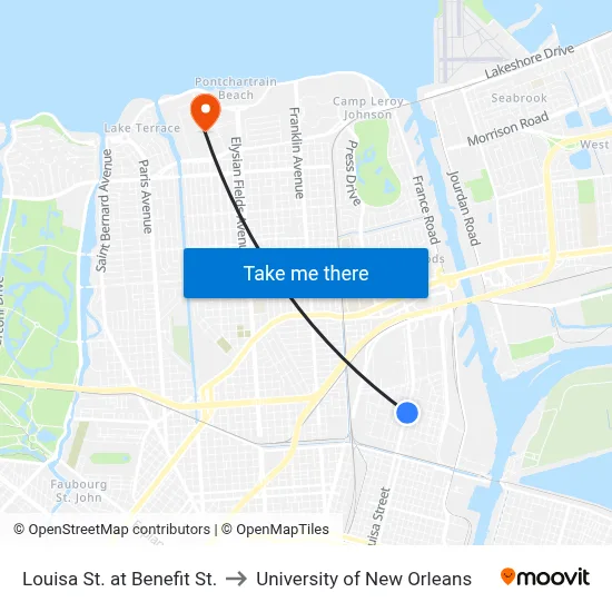 Louisa St. at Benefit St. to University of New Orleans map