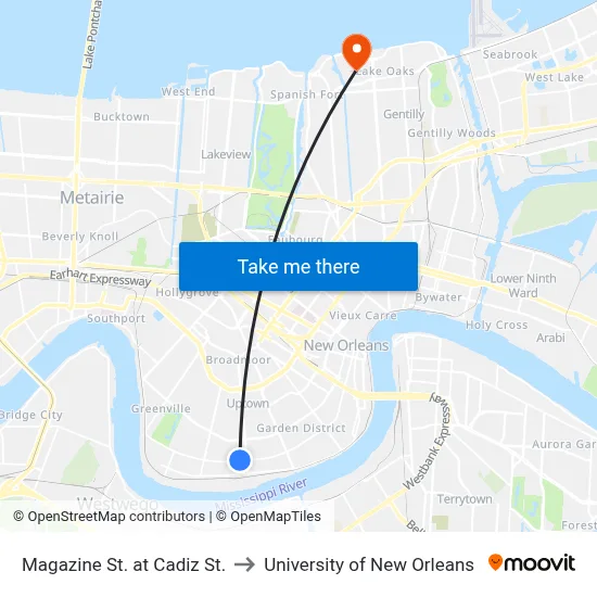 Magazine St. at Cadiz St. to University of New Orleans map