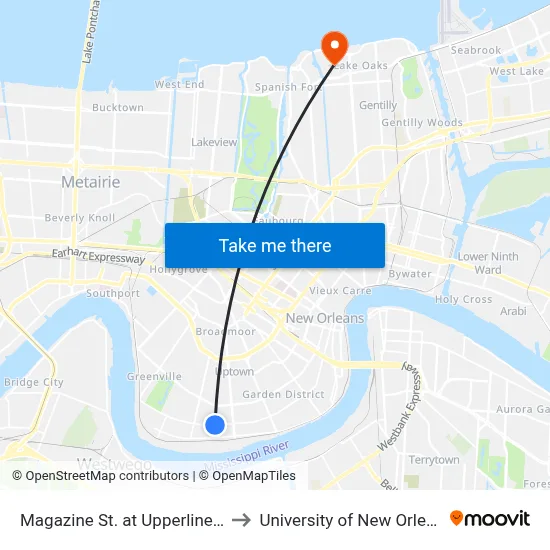 Magazine St. at Upperline St. to University of New Orleans map
