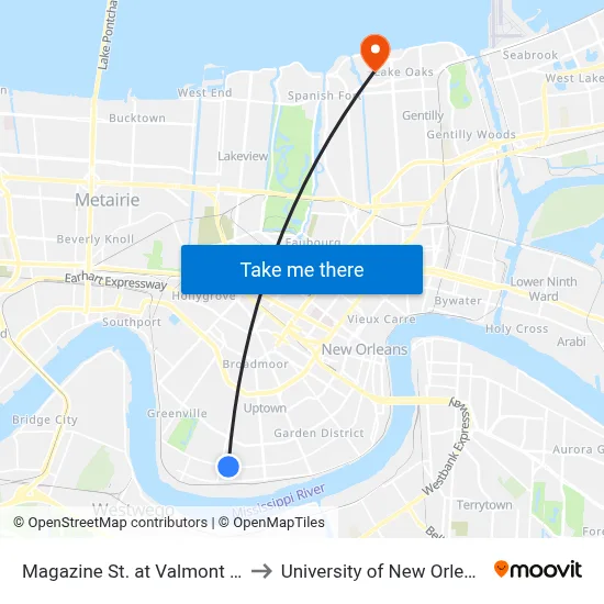 Magazine St. at Valmont St. to University of New Orleans map