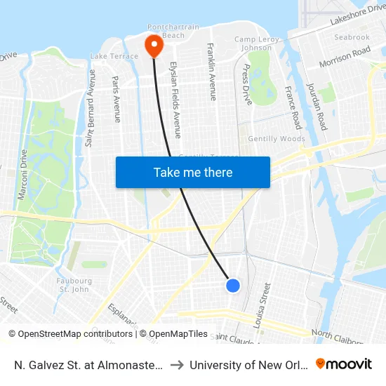 N. Galvez St. at Almonaster Ave. to University of New Orleans map