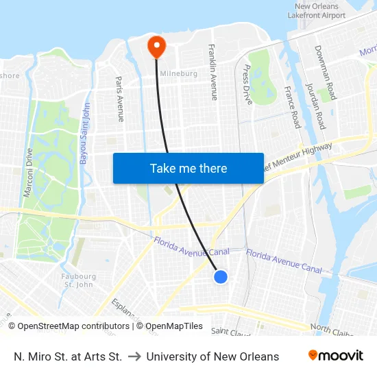 N. Miro St. at Arts St. to University of New Orleans map