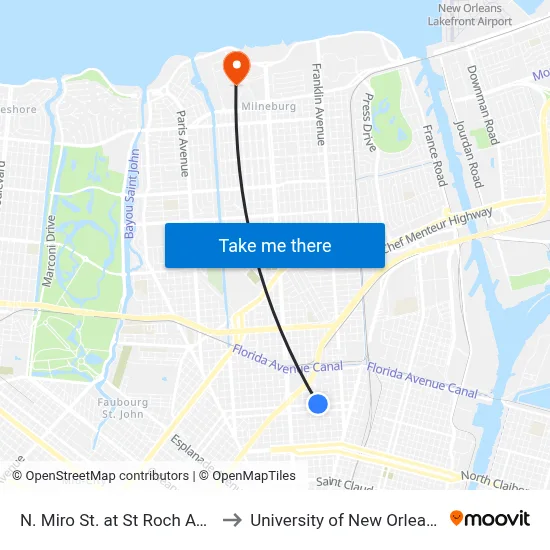 N. Miro St. at St Roch Ave. to University of New Orleans map