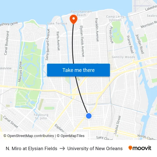 N. Miro at Elysian Fields to University of New Orleans map