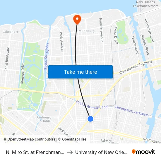 N. Miro St. at Frenchman St. to University of New Orleans map
