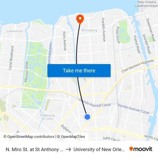 N. Miro St. at St Anthony St. to University of New Orleans map