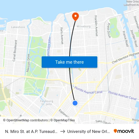 N. Miro St. at A.P. Tureaud Ave. to University of New Orleans map