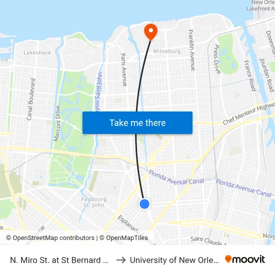 N. Miro St. at St Bernard Ave. to University of New Orleans map