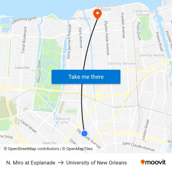 N. Miro at Esplanade to University of New Orleans map