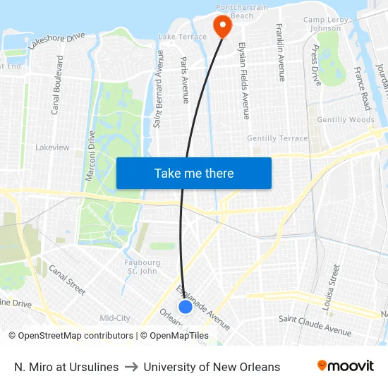 N. Miro at Ursulines to University of New Orleans map