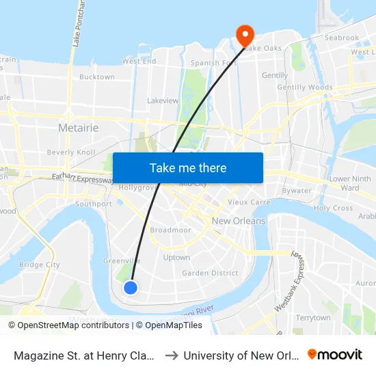 Magazine St. at Henry Clay Ave. to University of New Orleans map