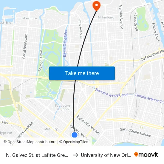 N. Galvez St. at Lafitte Greenway to University of New Orleans map