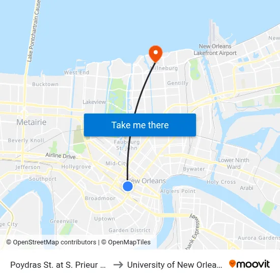 Poydras St. at S. Prieur St. to University of New Orleans map