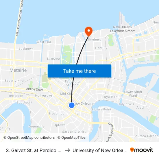 S. Galvez St. at Perdido St. to University of New Orleans map