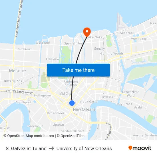 S. Galvez at Tulane to University of New Orleans map